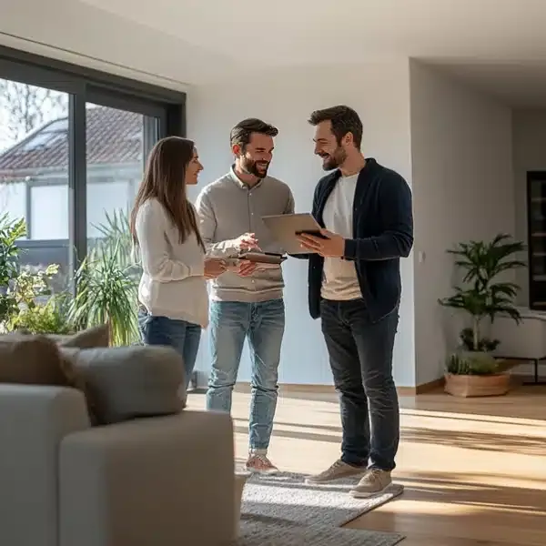 Immobilienmakler bei der Wohnungsbesichtigung mit Interessenten
