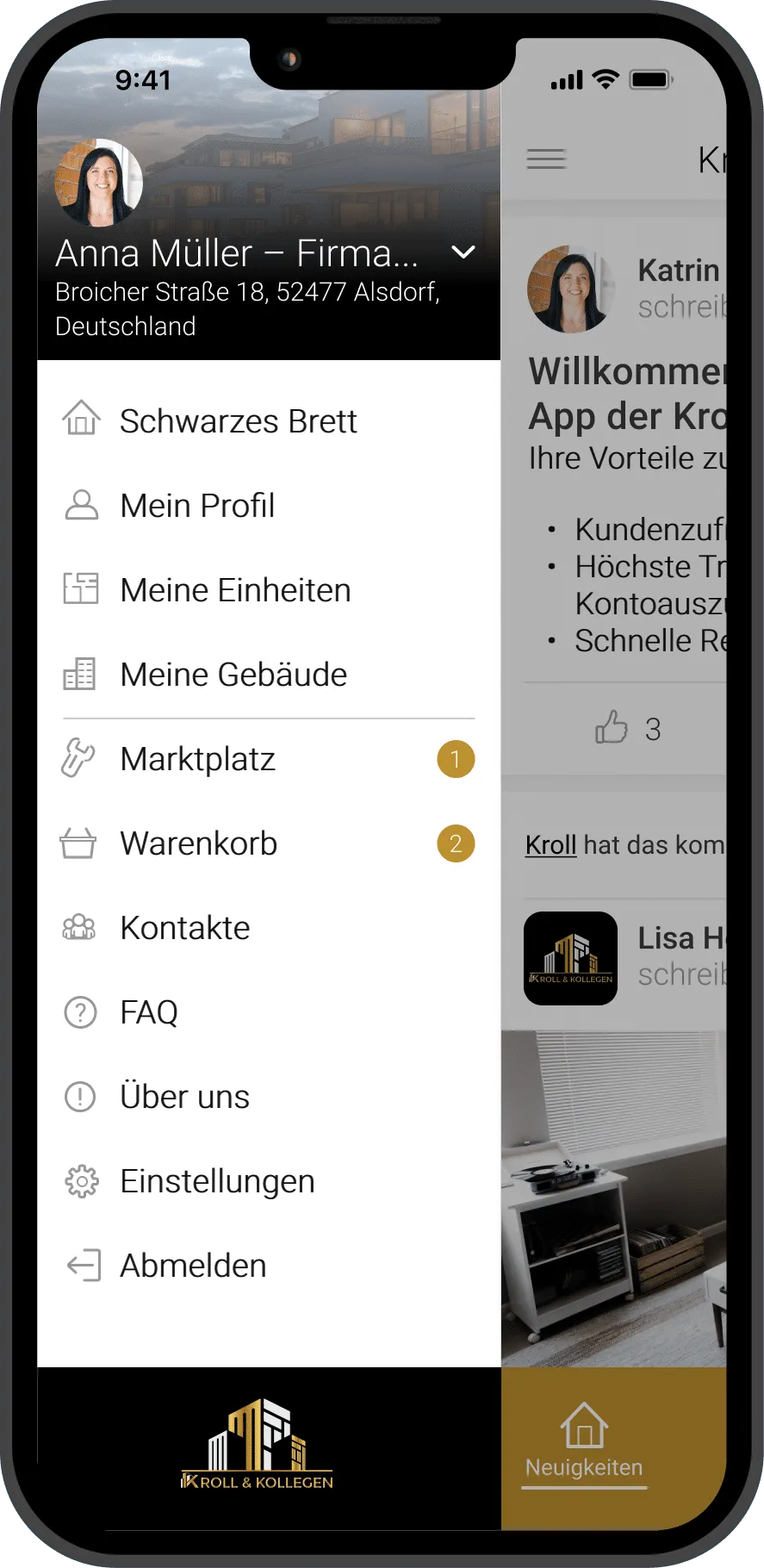 Kroll-APP: Menü mit allen Funktionen