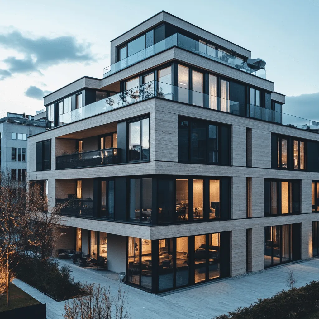 Mehrfamilienhaus mit Balkonen und heller Fassade